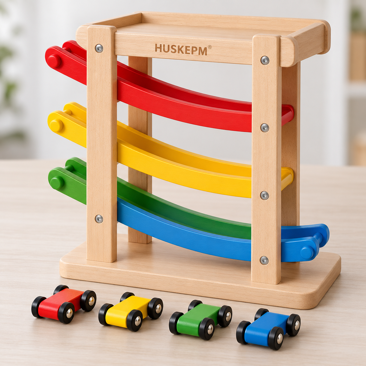 HUSKEPM® Wooden Car Ramp Racer Set | Multi-Level Race Track with Mini Cars | Montessori-Style Cause-and-Effect Toy for Toddlers & Preschool Kids Ages 2+🚗