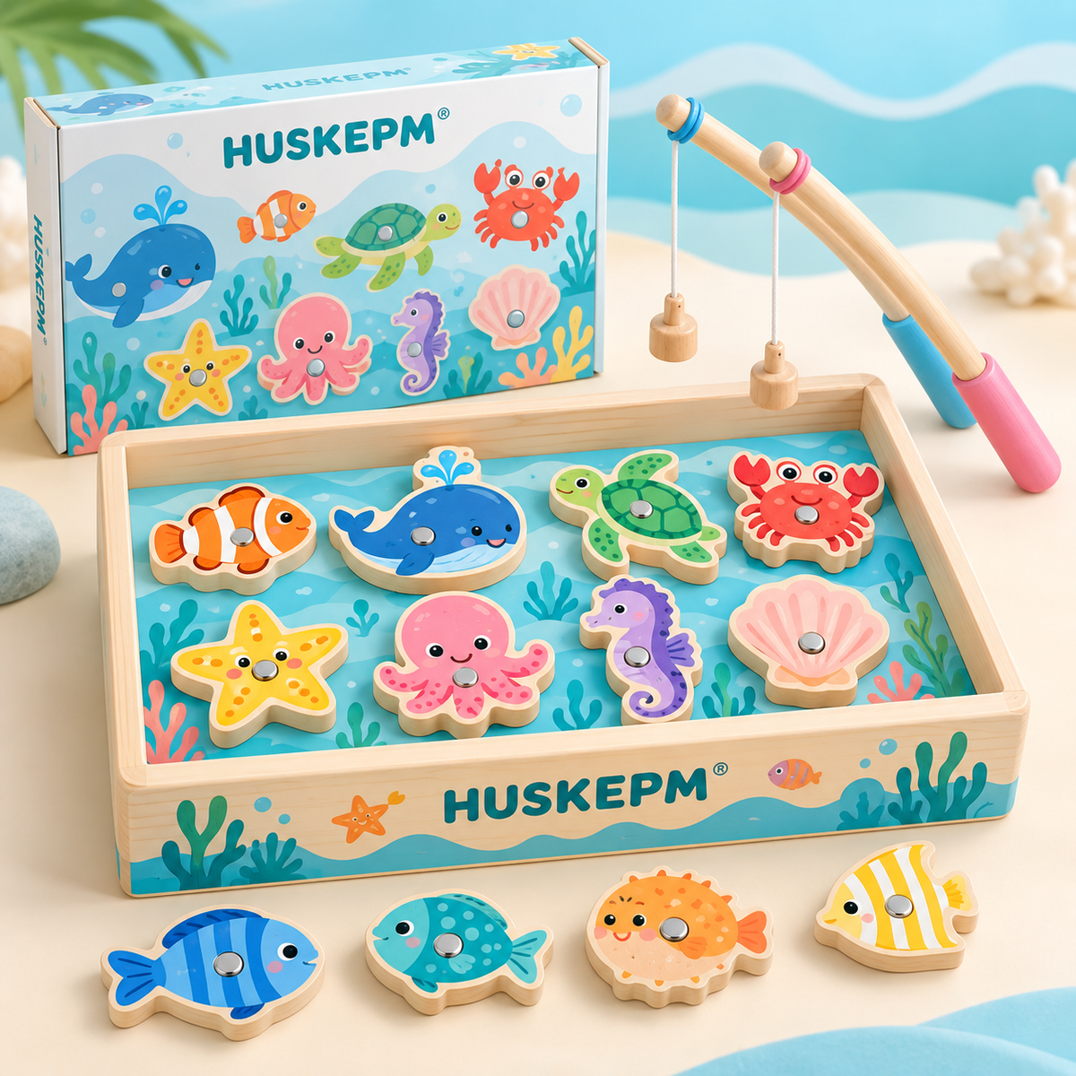 HUSKEPM® Magnetic Fishing Game Set | Colorful Catch-and-Match Toy with Fishing Rods, Sea Creatures & Storage Box | Interactive Family Game for Kids Ages 3+🎣