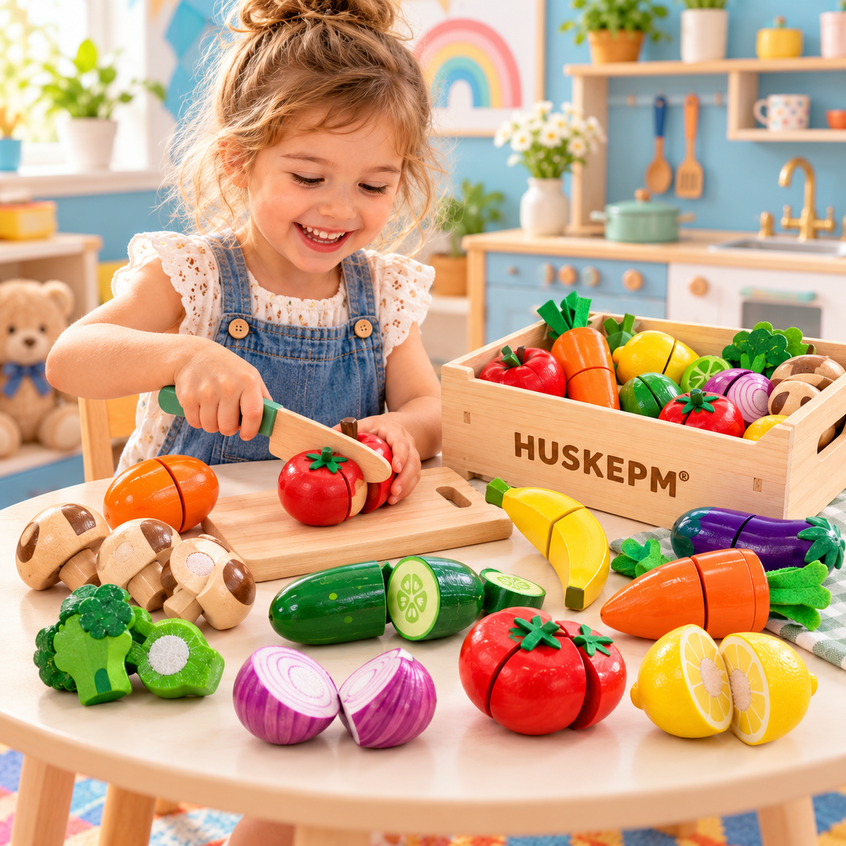HUSKEPM® Kids Pretend Cutting Food Set | Wooden Play Kitchen Food Toys with Knife, Cutting Board, Fruits, Vegetables & Storage Crate | Montessori-Inspired Role-Play Toy for Kids Ages 3+🍎