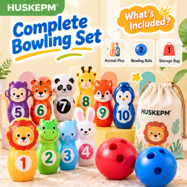 HUSKEPM® Kids Bowling Set | Colorful Indoor & Outdoor Bowling Game with Lightweight Pins & Ball | Active Family Play Toy for Toddlers & Kids Ages 3+🎳