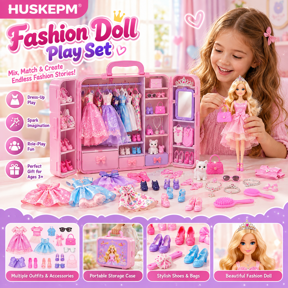 HUSKEPM® Fashion Doll Play Set | Dress-Up Doll with Outfits, Shoes, Accessories & Storage Case | Pretend Fashion & Role-Play Toy for Kids Ages 3+👗