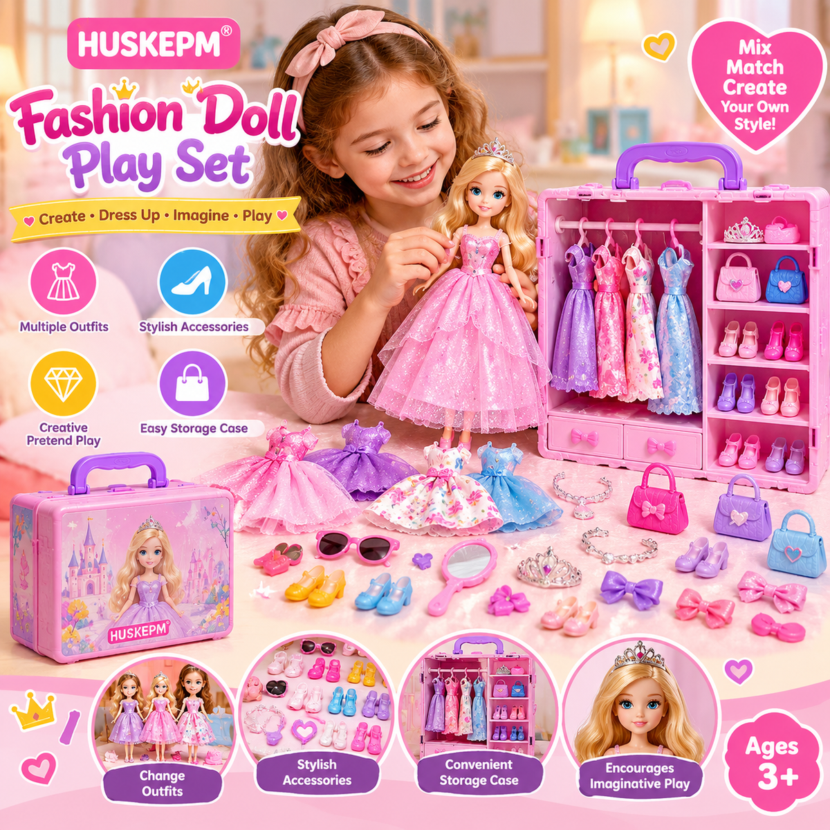 HUSKEPM® Fashion Doll Play Set | Dress-Up Doll with Outfits, Shoes, Accessories & Storage Case | Pretend Fashion & Role-Play Toy for Kids Ages 3+👗