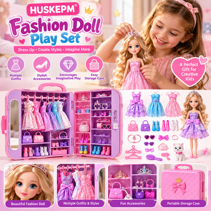 HUSKEPM® Fashion Doll Play Set | Dress-Up Doll with Outfits, Shoes, Accessories & Storage Case | Pretend Fashion & Role-Play Toy for Kids Ages 3+👗