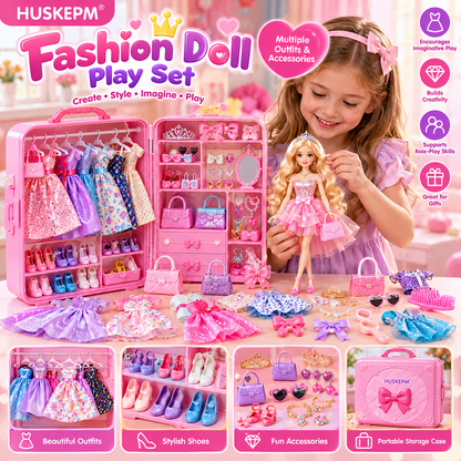 HUSKEPM® Fashion Doll Play Set | Dress-Up Doll with Outfits, Shoes, Accessories & Storage Case | Pretend Fashion & Role-Play Toy for Kids Ages 3+👗