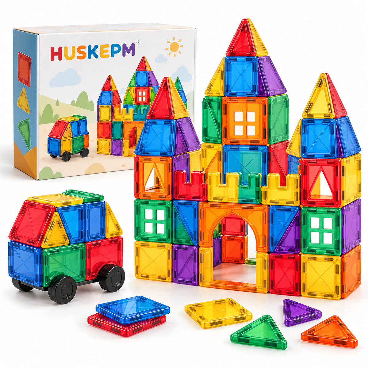 HUSKEPM® Magnetic Building Tiles Set | Colorful STEM Construction Blocks with Strong Magnets | Creative Castle, House & Vehicle Building Toy for Kids Ages 3+🧲