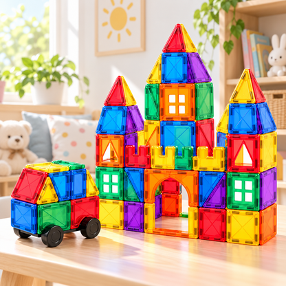 HUSKEPM® Magnetic Building Tiles Set | Colorful STEM Construction Blocks with Strong Magnets | Creative Castle, House & Vehicle Building Toy for Kids Ages 3+🧲