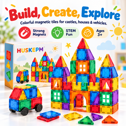 HUSKEPM® Magnetic Building Tiles Set | Colorful STEM Construction Blocks with Strong Magnets | Creative Castle, House & Vehicle Building Toy for Kids Ages 3+🧲