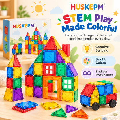 HUSKEPM® Magnetic Building Tiles Set | Colorful STEM Construction Blocks with Strong Magnets | Creative Castle, House & Vehicle Building Toy for Kids Ages 3+🧲