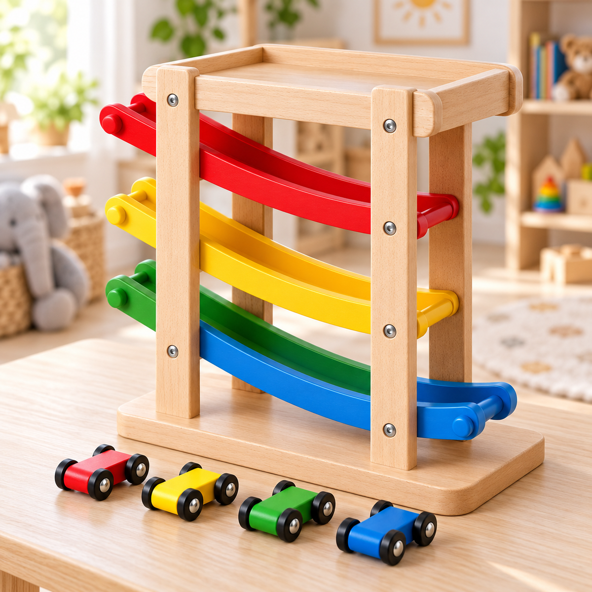 HUSKEPM® Wooden Car Ramp Racer Set | Multi-Level Race Track with Mini Cars | Montessori-Style Cause-and-Effect Toy for Toddlers & Preschool Kids Ages 2+🚗