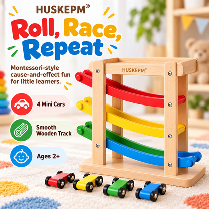 HUSKEPM® Wooden Car Ramp Racer Set | Multi-Level Race Track with Mini Cars | Montessori-Style Cause-and-Effect Toy for Toddlers & Preschool Kids Ages 2+🚗