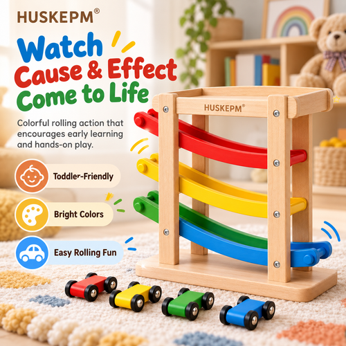HUSKEPM® Wooden Car Ramp Racer Set | Multi-Level Race Track with Mini Cars | Montessori-Style Cause-and-Effect Toy for Toddlers & Preschool Kids Ages 2+🚗