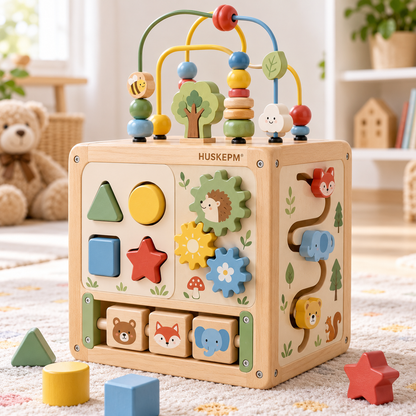 HUSKEPM® Wooden Activity Cube | 5-in-1 Montessori Busy Toy with Bead Maze, Shape Sorter, Gear Play & Sliding Track | Early Learning Activity Center for Toddlers Ages 1+🎨