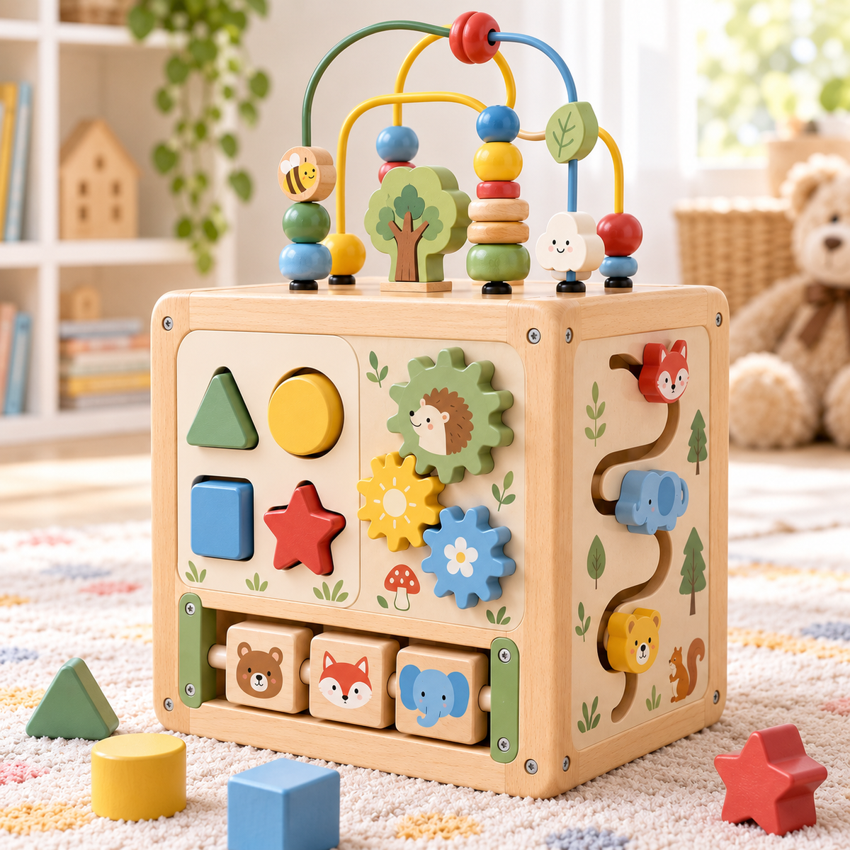 HUSKEPM® Wooden Activity Cube | 5-in-1 Montessori Busy Toy with Bead Maze, Shape Sorter, Gear Play & Sliding Track | Early Learning Activity Center for Toddlers Ages 1+🎨