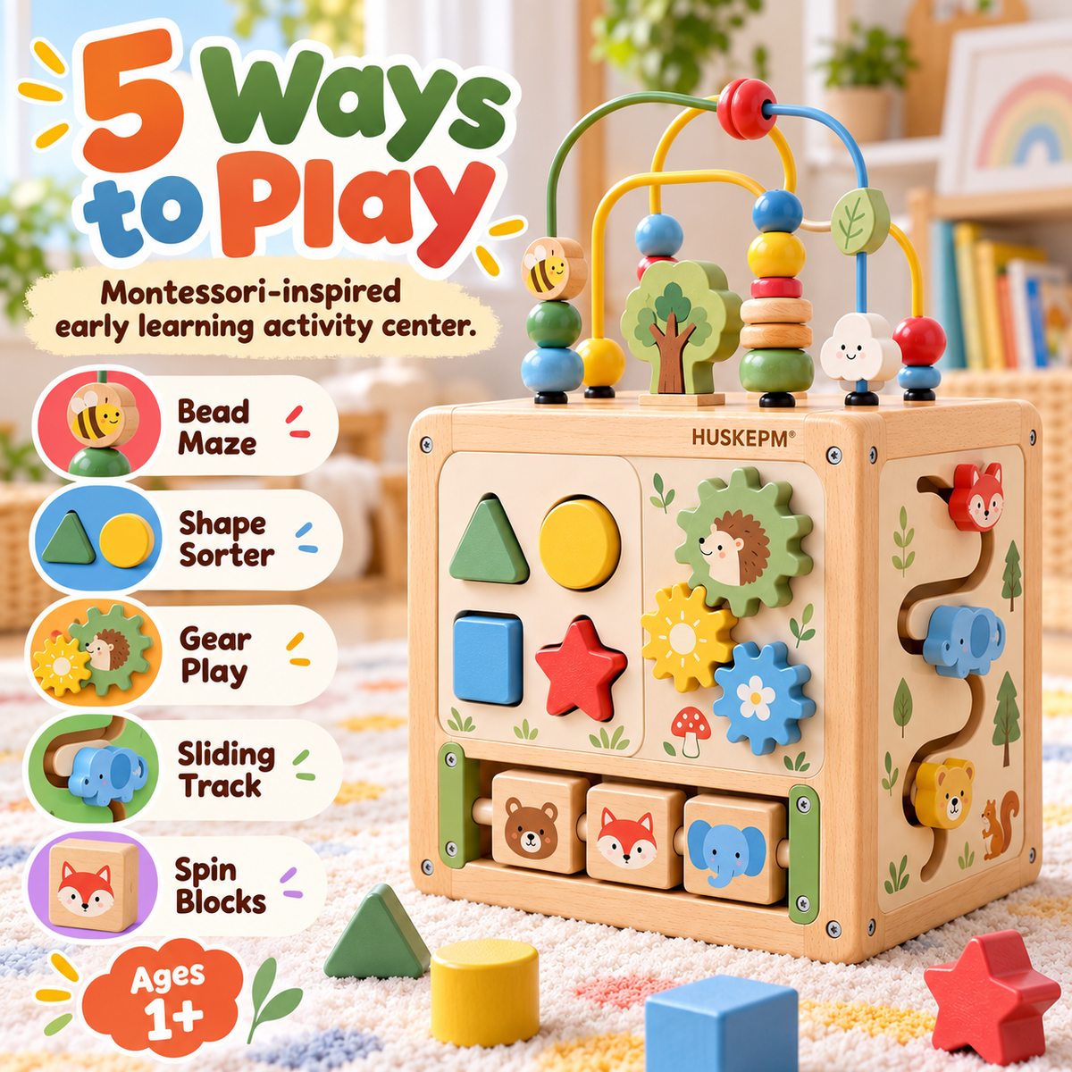HUSKEPM® Wooden Activity Cube | 5-in-1 Montessori Busy Toy with Bead Maze, Shape Sorter, Gear Play & Sliding Track | Early Learning Activity Center for Toddlers Ages 1+🎨