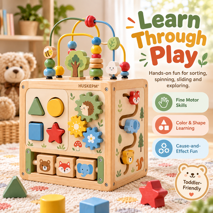 HUSKEPM® Wooden Activity Cube | 5-in-1 Montessori Busy Toy with Bead Maze, Shape Sorter, Gear Play & Sliding Track | Early Learning Activity Center for Toddlers Ages 1+🎨