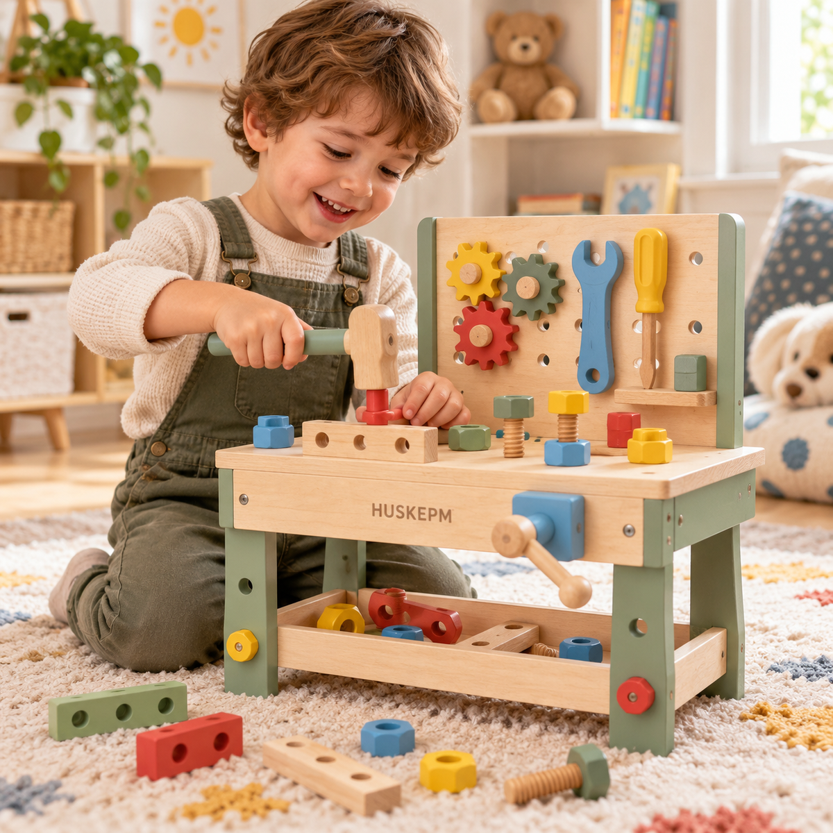 HUSKEPM® Wooden Pretend Play Tool Bench | Kids Workbench Set with Toy Hammer, Wrench, Screwdriver, Gears & Building Pieces | Imaginative Role-Play Toy for Ages 3+🧸