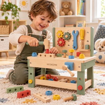 HUSKEPM® Wooden Pretend Play Tool Bench | Kids Workbench Set with Toy Hammer, Wrench, Screwdriver, Gears & Building Pieces | Imaginative Role-Play Toy for Ages 3+🧸
