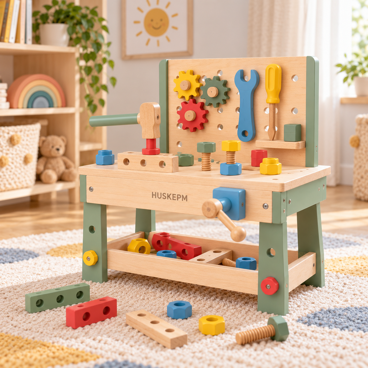 HUSKEPM® Wooden Pretend Play Tool Bench | Kids Workbench Set with Toy Hammer, Wrench, Screwdriver, Gears & Building Pieces | Imaginative Role-Play Toy for Ages 3+🧸
