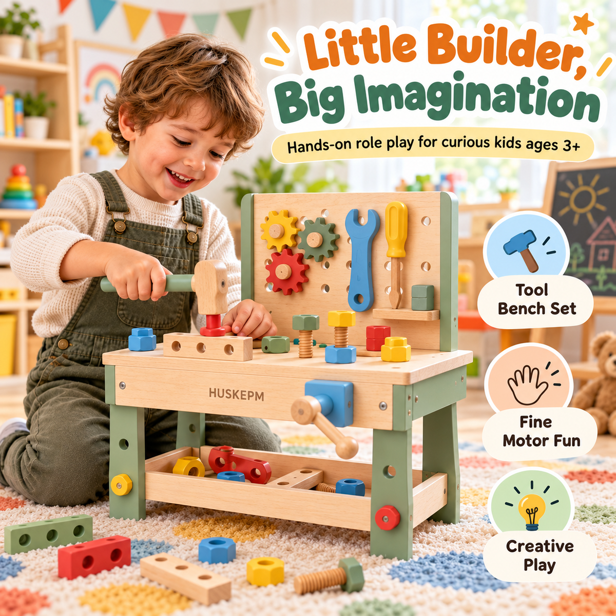 HUSKEPM® Wooden Pretend Play Tool Bench | Kids Workbench Set with Toy Hammer, Wrench, Screwdriver, Gears & Building Pieces | Imaginative Role-Play Toy for Ages 3+🧸