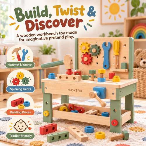 HUSKEPM® Wooden Pretend Play Tool Bench | Kids Workbench Set with Toy Hammer, Wrench, Screwdriver, Gears & Building Pieces | Imaginative Role-Play Toy for Ages 3+🧸