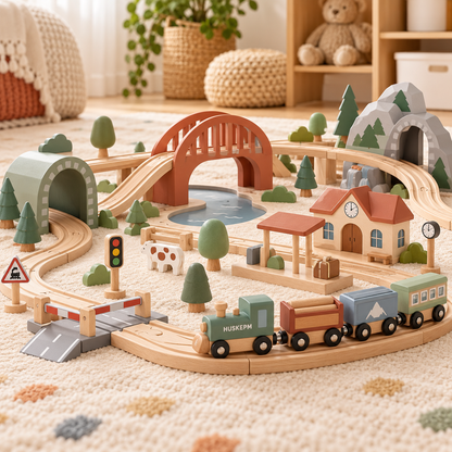 HUSKEPM® Wooden Train Set with Tracks & Accessories | Classic Railway Play Set with Train Cars, Bridges, Trees & Signs | Imaginative Building Toy for Kids Ages 3+🚂