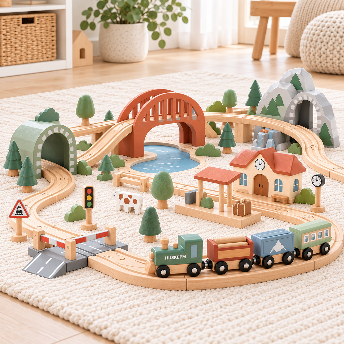 HUSKEPM® Wooden Train Set with Tracks & Accessories | Classic Railway Play Set with Train Cars, Bridges, Trees & Signs | Imaginative Building Toy for Kids Ages 3+🚂