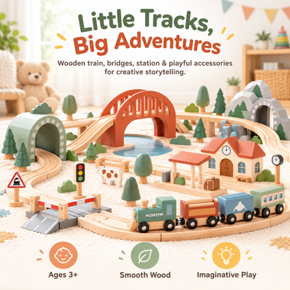HUSKEPM® Wooden Train Set with Tracks & Accessories | Classic Railway Play Set with Train Cars, Bridges, Trees & Signs | Imaginative Building Toy for Kids Ages 3+🚂