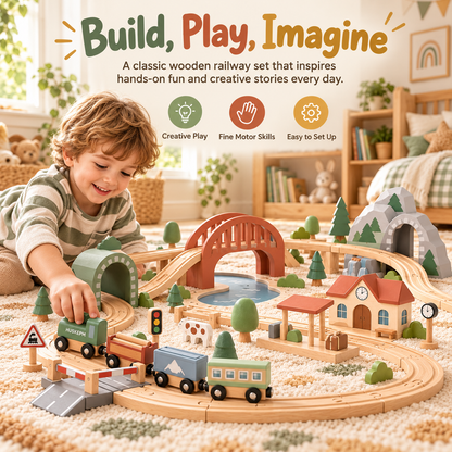HUSKEPM® Wooden Train Set with Tracks & Accessories | Classic Railway Play Set with Train Cars, Bridges, Trees & Signs | Imaginative Building Toy for Kids Ages 3+🚂