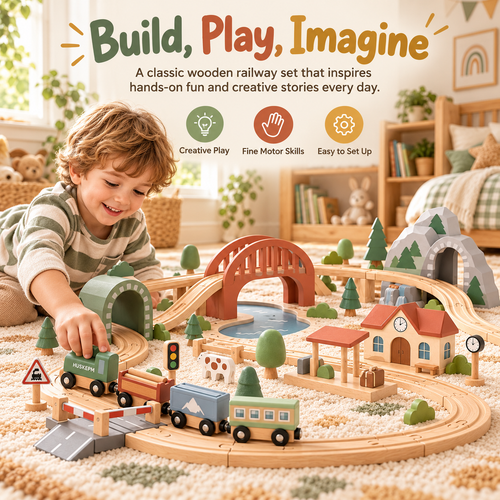 HUSKEPM® Wooden Train Set with Tracks & Accessories | Classic Railway Play Set with Train Cars, Bridges, Trees & Signs | Imaginative Building Toy for Kids Ages 3+🚂