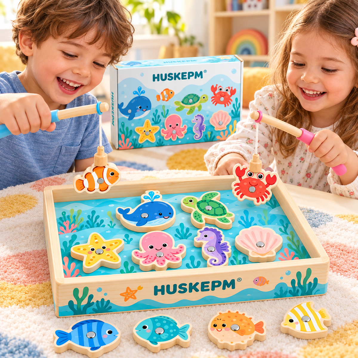 HUSKEPM® Magnetic Fishing Game Set | Colorful Catch-and-Match Toy with Fishing Rods, Sea Creatures & Storage Box | Interactive Family Game for Kids Ages 3+🎣