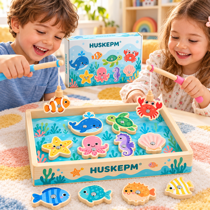 HUSKEPM® Magnetic Fishing Game Set | Colorful Catch-and-Match Toy with Fishing Rods, Sea Creatures & Storage Box | Interactive Family Game for Kids Ages 3+🎣