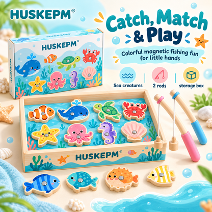 HUSKEPM® Magnetic Fishing Game Set | Colorful Catch-and-Match Toy with Fishing Rods, Sea Creatures & Storage Box | Interactive Family Game for Kids Ages 3+🎣