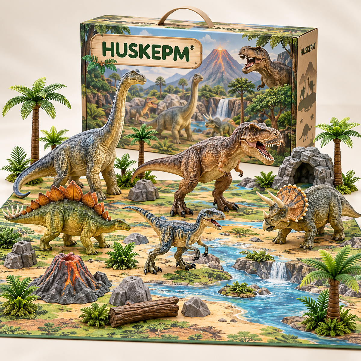 HUSKEPM® Dinosaur Adventure Play Set | Realistic Dinosaur Figures with Trees, Rocks & Play Mat | Prehistoric Pretend Play Toy for Kids Ages 3+🦖
