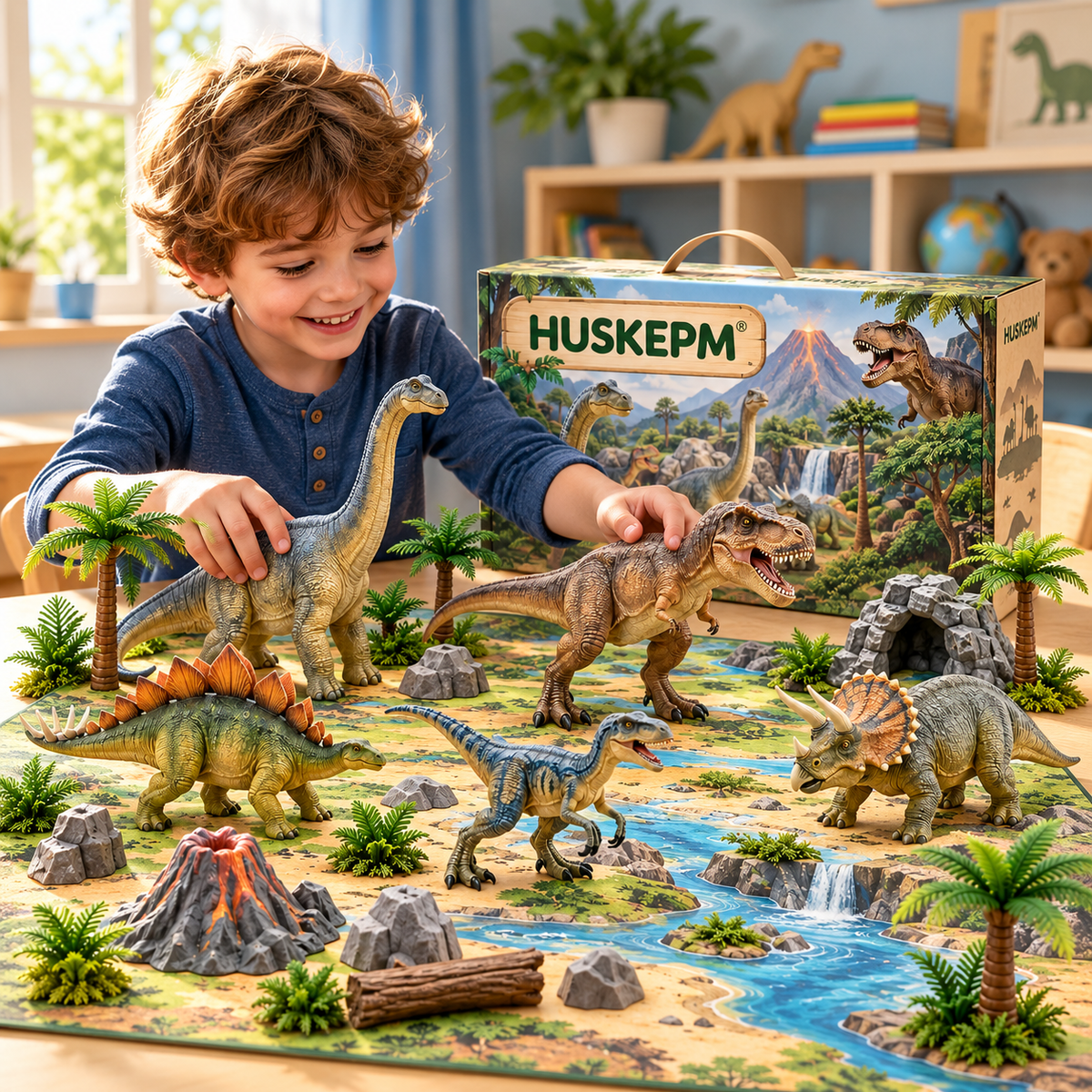 HUSKEPM® Dinosaur Adventure Play Set | Realistic Dinosaur Figures with Trees, Rocks & Play Mat | Prehistoric Pretend Play Toy for Kids Ages 3+🦖