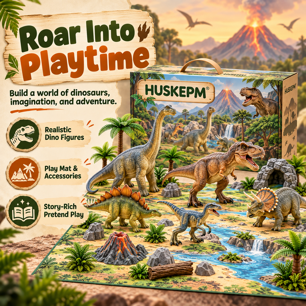 HUSKEPM® Dinosaur Adventure Play Set | Realistic Dinosaur Figures with Trees, Rocks & Play Mat | Prehistoric Pretend Play Toy for Kids Ages 3+🦖