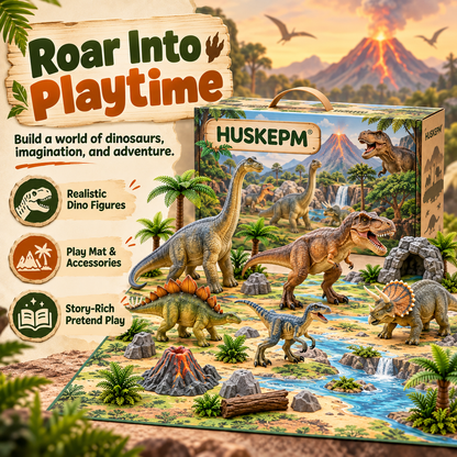 HUSKEPM® Dinosaur Adventure Play Set | Realistic Dinosaur Figures with Trees, Rocks & Play Mat | Prehistoric Pretend Play Toy for Kids Ages 3+🦖