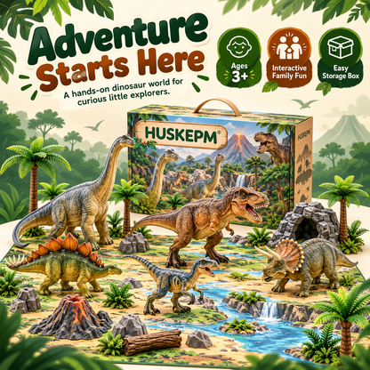 HUSKEPM® Dinosaur Adventure Play Set | Realistic Dinosaur Figures with Trees, Rocks & Play Mat | Prehistoric Pretend Play Toy for Kids Ages 3+🦖