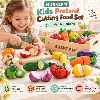 HUSKEPM® Kids Pretend Cutting Food Set | Wooden Play Kitchen Food Toys with Knife, Cutting Board, Fruits, Vegetables & Storage Crate | Montessori-Inspired Role-Play Toy for Kids Ages 3+🍎