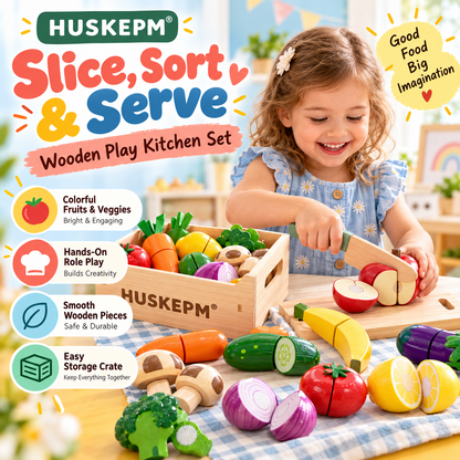 HUSKEPM® Kids Pretend Cutting Food Set | Wooden Play Kitchen Food Toys with Knife, Cutting Board, Fruits, Vegetables & Storage Crate | Montessori-Inspired Role-Play Toy for Kids Ages 3+🍎