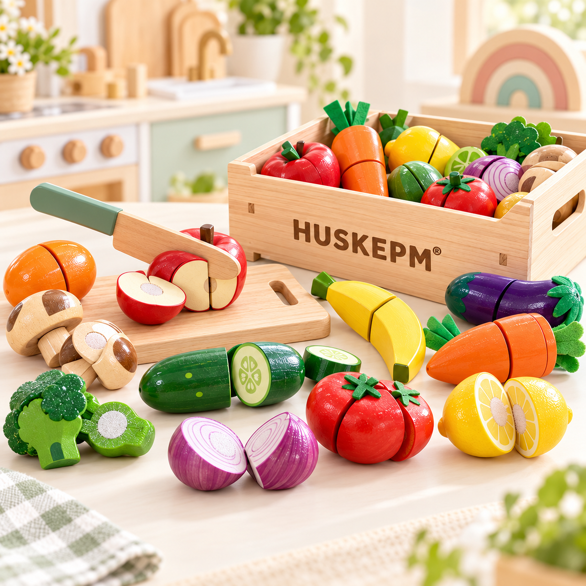 HUSKEPM® Kids Pretend Cutting Food Set | Wooden Play Kitchen Food Toys with Knife, Cutting Board, Fruits, Vegetables & Storage Crate | Montessori-Inspired Role-Play Toy for Kids Ages 3+🍎