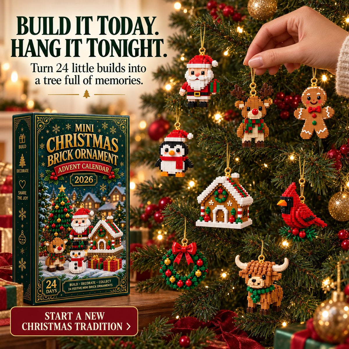 ⏳ Last day to save 49% – 🎄 24-Day Mini Christmas Ornament Advent Calendar | 24 unique festive buildable designs with hanging loops—perfect for decorating Christmas trees, wreaths, and holiday displays🎁1