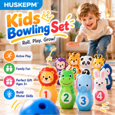 HUSKEPM® Kids Bowling Set | Colorful Indoor & Outdoor Bowling Game with Lightweight Pins & Ball | Active Family Play Toy for Toddlers & Kids Ages 3+🎳