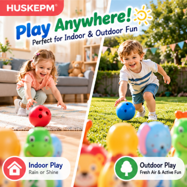 HUSKEPM® Kids Bowling Set | Colorful Indoor & Outdoor Bowling Game with Lightweight Pins & Ball | Active Family Play Toy for Toddlers & Kids Ages 3+🎳