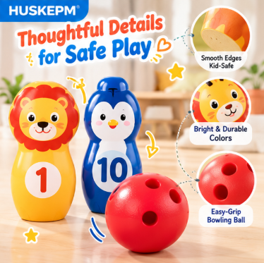 HUSKEPM® Kids Bowling Set | Colorful Indoor & Outdoor Bowling Game with Lightweight Pins & Ball | Active Family Play Toy for Toddlers & Kids Ages 3+🎳