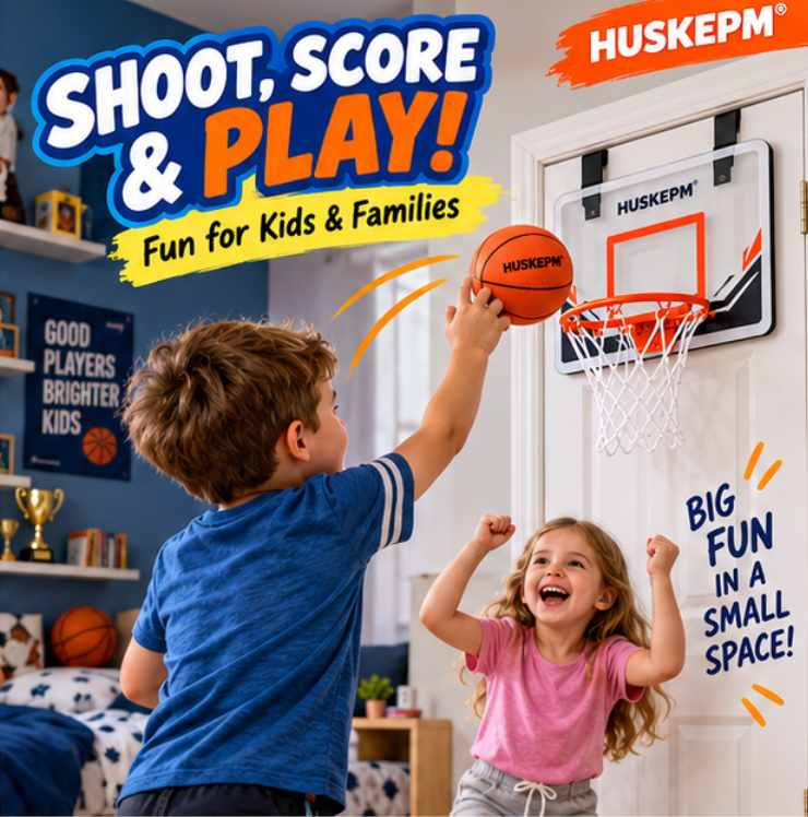 HUSKEPM® Mini Basketball Hoop Set | Indoor Door-Mounted Basketball Game with Backboard, Rim & Mini Ball | Active Shooting Toy for Kids Ages 5+🏀