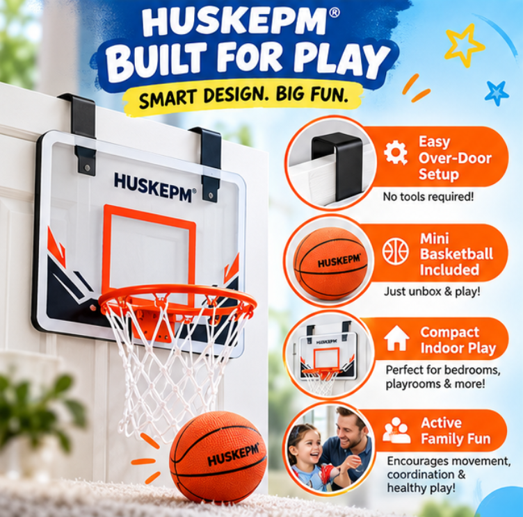 HUSKEPM® Mini Basketball Hoop Set | Indoor Door-Mounted Basketball Game with Backboard, Rim & Mini Ball | Active Shooting Toy for Kids Ages 5+🏀