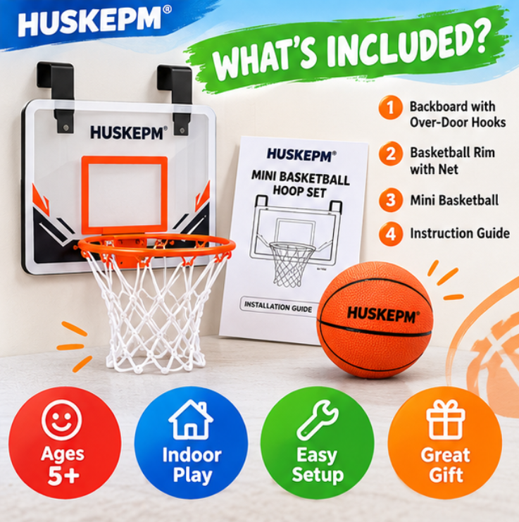 HUSKEPM® Mini Basketball Hoop Set | Indoor Door-Mounted Basketball Game with Backboard, Rim & Mini Ball | Active Shooting Toy for Kids Ages 5+🏀